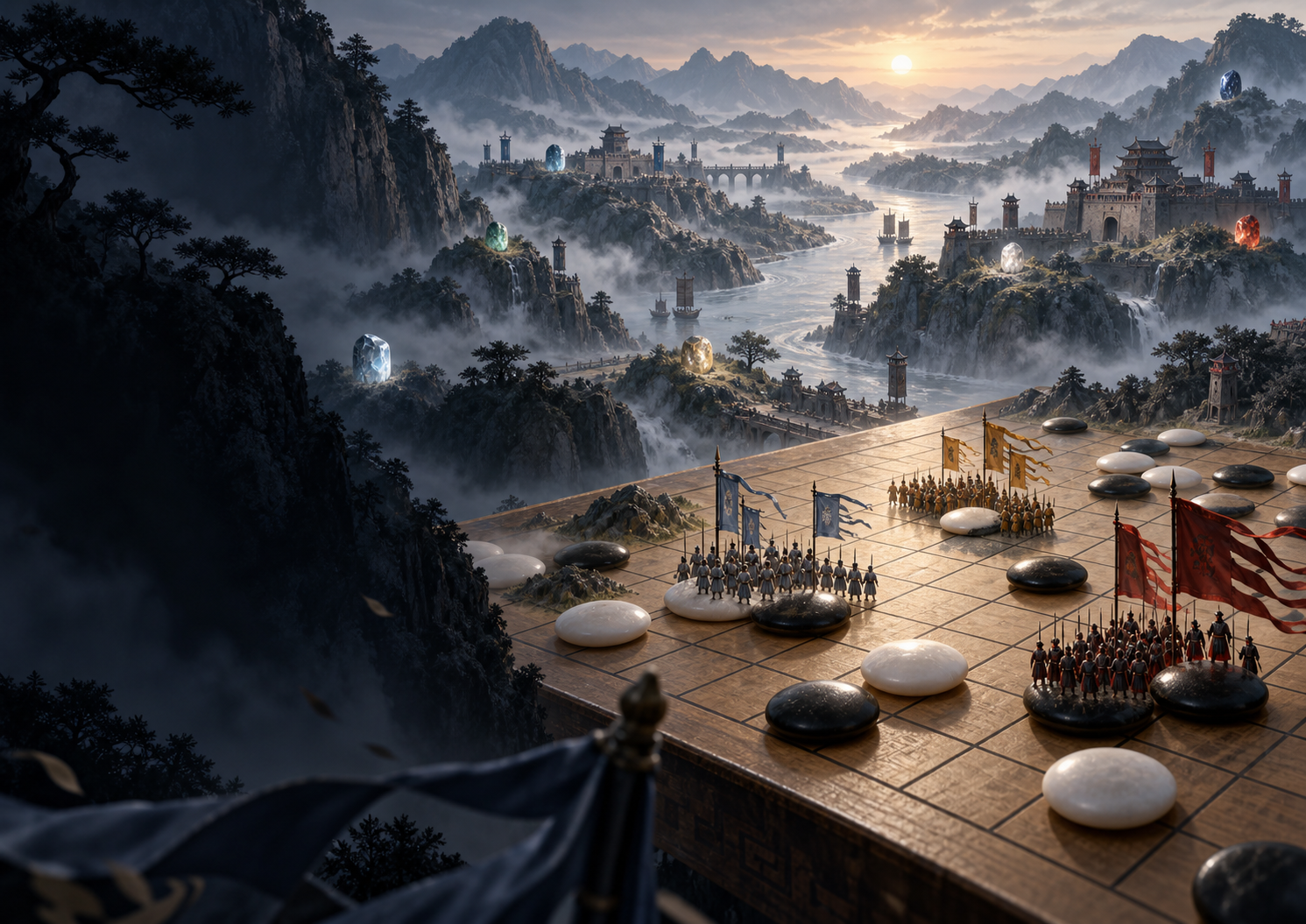 Three Kingdoms Go concept cover with armies and Go stones on a mountain battlefield