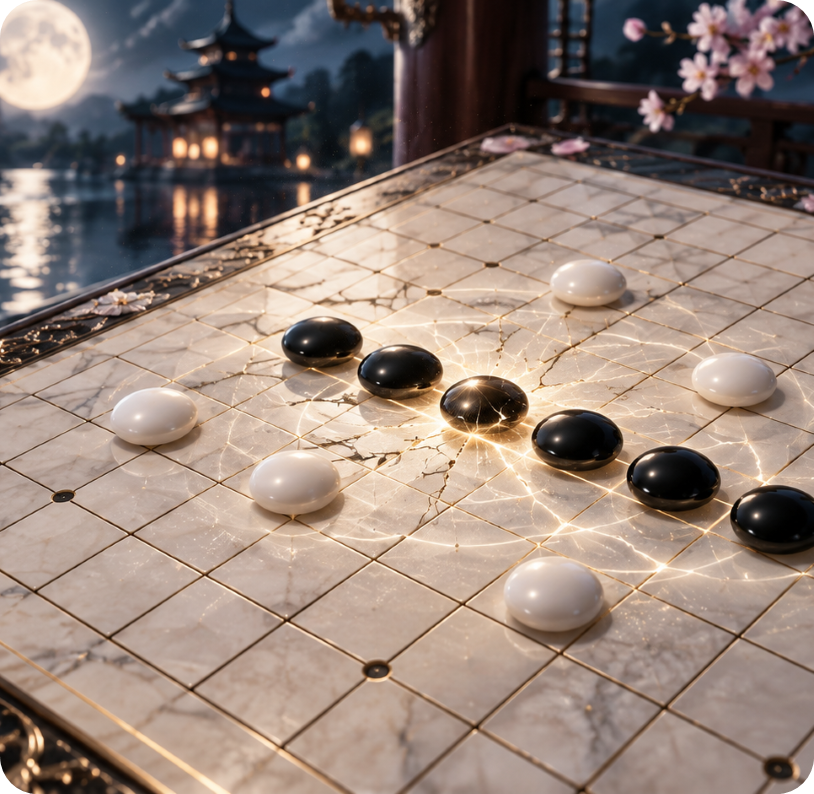 Black and white Gomoku stones on an illuminated marble board beneath moonlit blossoms