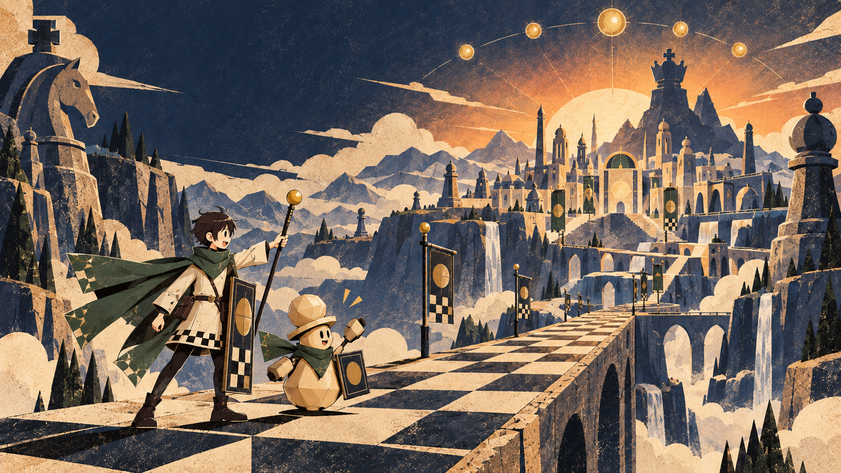 ORBIS CHESS concept cover showing a traveler and chessfolk approaching a mountain citadel